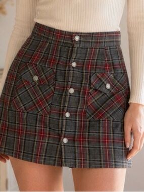Born in America Y2K Plaid Button-Front Mini Skirt in Gray and Red